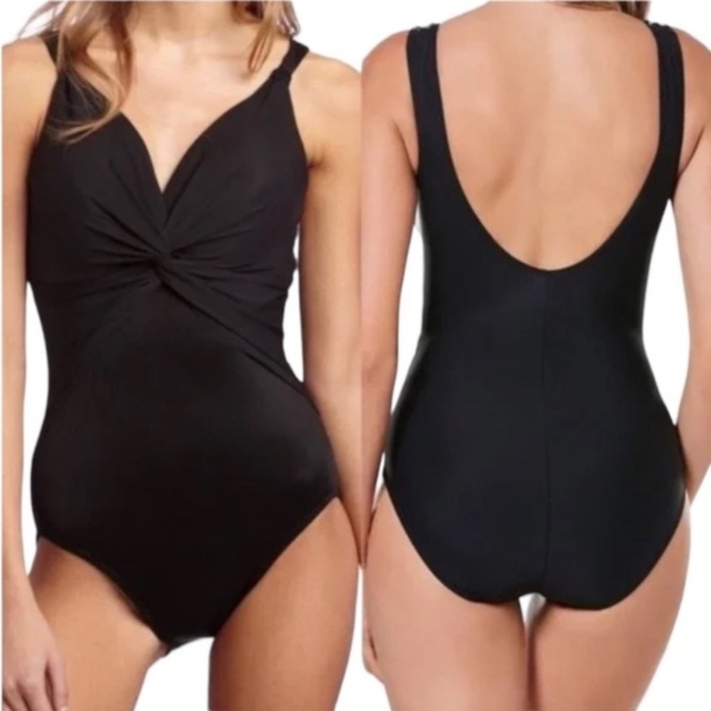 NWT MiracleSuit Pandora Ruched Front One Piece Swim Suit in Black Twist 12D